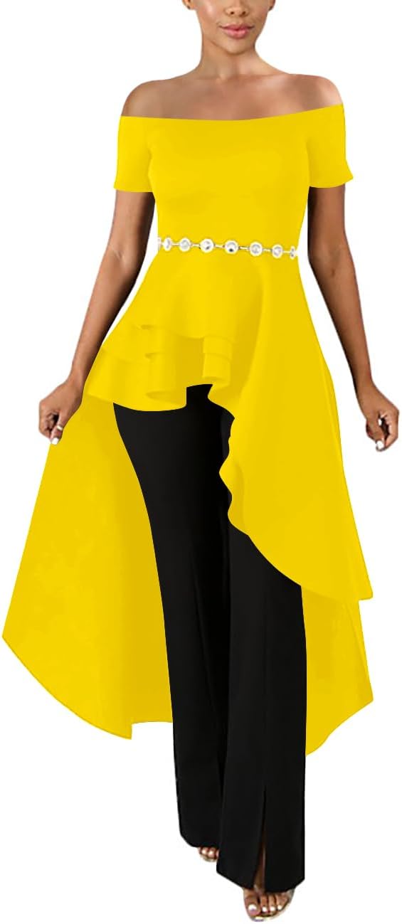 Lrady Womens Off Shoulder Tops High Low Short Sleeve Ruffle Peplum Tunic Party Blouse Casual Shirt Dress - Image 4