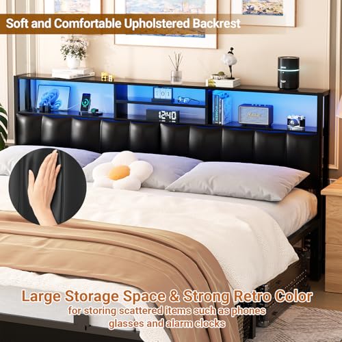Image of Aheaplus Headboard for King Size Bed with Storage, Upholstered Headboards | with Outlets, USB Ports and LED Light, Reversible King Size Head Board, Height Adjustable, Comfortable Headboard, Black