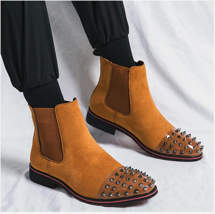 Men's Studded Metal Spike Suede Slip On Ankle Boots Pointed Toe Elastic Panels Non Slip Casual Chelsea Boots4