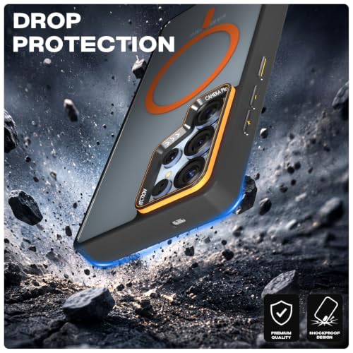 Image of Pikkme Back Cover for Samsung Galaxy S25 Ultra 5G | Shockproof | Mag-Safe Compatible | Hard Transparent Back | Premium Raised Camera Protection | Bumper Case (Black & Orange Mag-Safe)