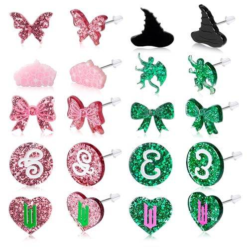 Witch Musical Stud Earrings - Halloween 10 Pairs Elphaba Sparkly Glitter Pink Crown Black Hat Acrylic Earrings for Carnival Cosplay Party, TV Movie Merchandise Jewelry Gift for Women Girls