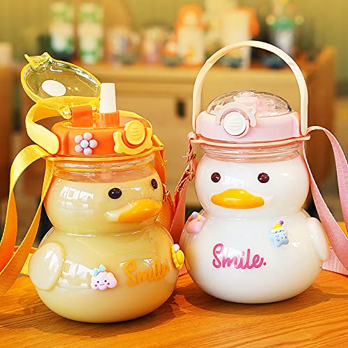 Large Cute Duck Water Bottle with Straw and Strap 34oz Kawaii Duck Water Bottle with 3D Stickers for Kids Toddler Girls School Sports Travel Leakproof Portable Handle Hot and Cold Bottles (Yellow)
