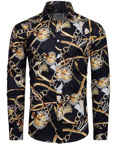 Mens Luxury Dress Shirts Baroque Gold Chain Print Casual Long Sleeve Button Down Buchona Shirt for Party