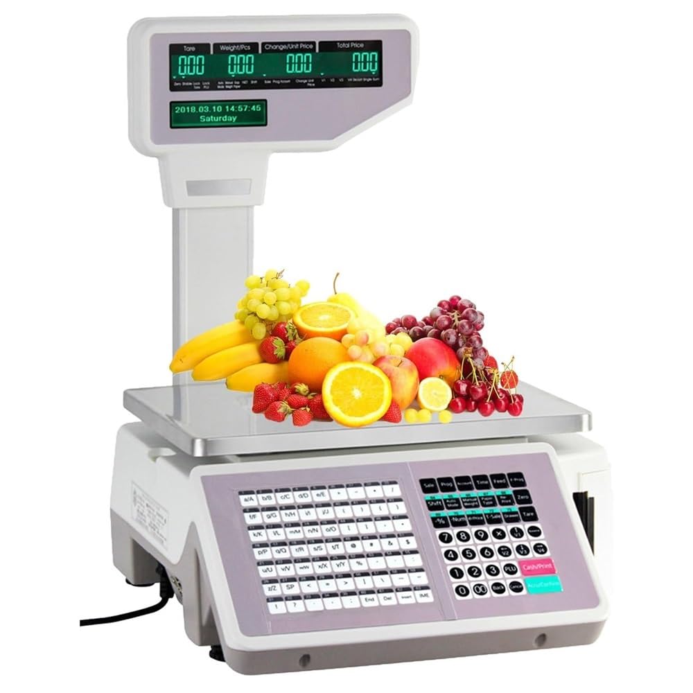 Digital Weight Price Scale,Commercial Double-Sided LCD Screen Label Printing Scale Price Computing Scale with Label Printer for Weighing