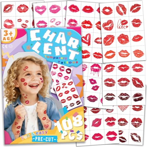 CHARLENT 108 PCS Glitter Kiss Mark Pre-Cut Temporary Tattoos