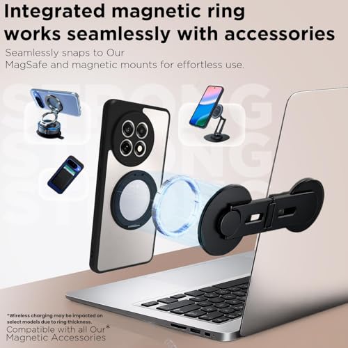 Image of RIGGEAR Shockproof Sleek Hybrid Armor 360 Rotating Magnetic Ring Stand Back Cover Case Compatible with MagSafe Accessories for OnePlus 13R (Clear PC + Black TPU Bumper)