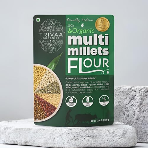 Image of TRIVAA ORGANICS Multi Millet Atta | Blend of Ragi, Jowar, Bajra, Foxtail, Little & Kodo Millet | Gluten-Free | Sugar Control | Low GI | Freshly Milled After Order | No Preservatives | Non GMO | High Protein | High-Fiber & Diabetic-Friendly | 500 gm (500 GM x Pack of 4)
