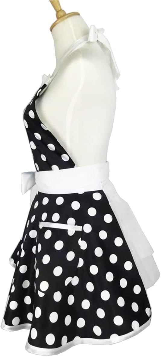Hyzrz Lovely Sweetheart Retro Kitchen Aprons Woman Girl Cotton Polka Dot Cooking Salon Dress Pinafore Vintage Apron Mothers Gift (Black) - Image 6