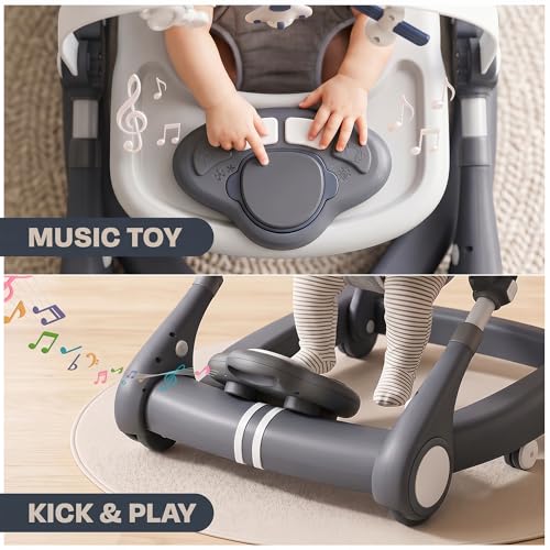 Image of Baybee Walker for Kids for 6 to 18 Months with Push Mode, Kick Play Music, Height Adjustable, Foldable Design, Musical Toy Panel and Food Tray, Walking Supporter for Baby (Dark Grey)