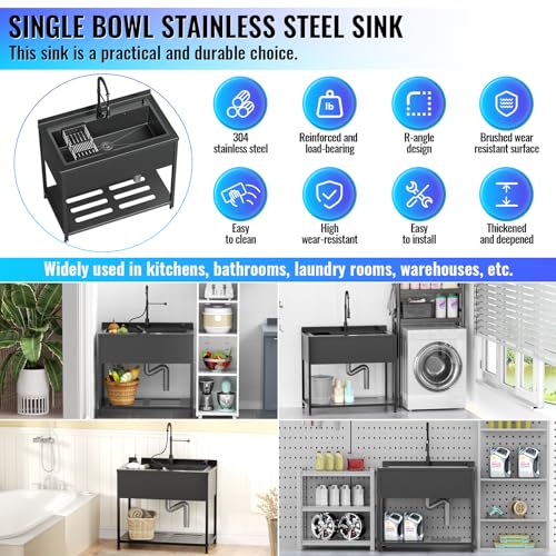 Image of Stainless Steel Utility Sink, 41.7 inch x 23.2 inch x 38.9 inchFreestanding Sink with Cold and Hot Water Faucet,Hoses and Drain Kit for Kitchens, Bathrooms, Garage, Laundry Room