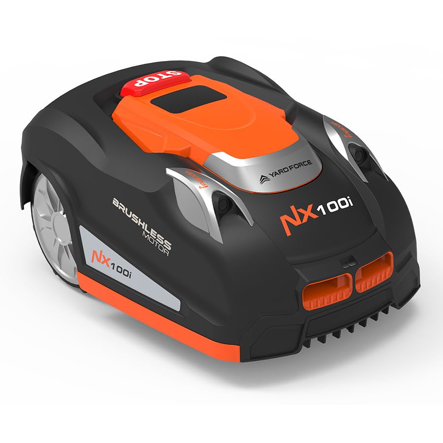 Предња страна view of the Yard Force NX100i robotic mower on a lawn