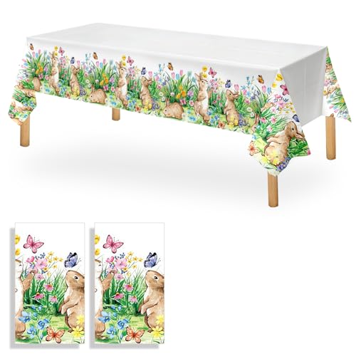 Image of OQOQ Easter Bunny Tablecloth (2 Packs) - 108x54 inches Easter Party Decorations Disposable Plastic Rabbit Table Cloths for Kids Birthday Party Spring Picnic Holiday Table Decor