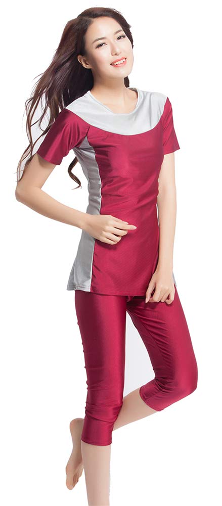 Modest Swimwear for Women Short Sleeve Swimsuit Burkini Modesty Swimming Costume Rash Guard Surfing Suit Beachwear Wine Red
