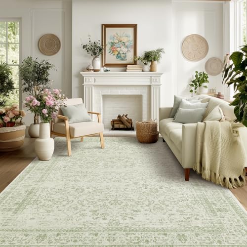 BILEEHOME Sage Green Rug for Bedroom,Boho Floral Print Washable...