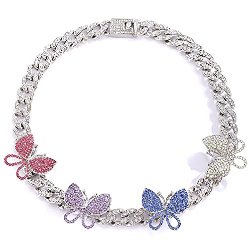 Huamingsh 8MM Women Silver Iced Out Butterfly Cuban Link Necklace Cuban Choker CZ Colorful Butterfly Chains Diamond Jewelry