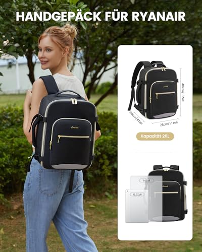 LOVEVOOK Ryanair Handgepäck 40x30x20, Klein Handgepäck Rucksack Tasche Reiserucksack Flugzeug, Carry On Hand Luggage Travel Backpack für 13,3 Zoll Laptop Damen Herren, Cabin Bag Eurowings Wizz Schwarz