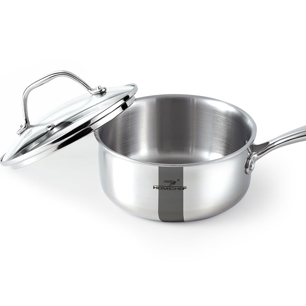 HOMICHEFMirror Polished NICKEL FREE Stainless Steel 1.5 Quart / 6.5 Inch Sauce Pan with Glass Lid (No Toxic Non Stick Coating, Whole-Clad 3-Ply) Soup Pot Small Cooking Pot