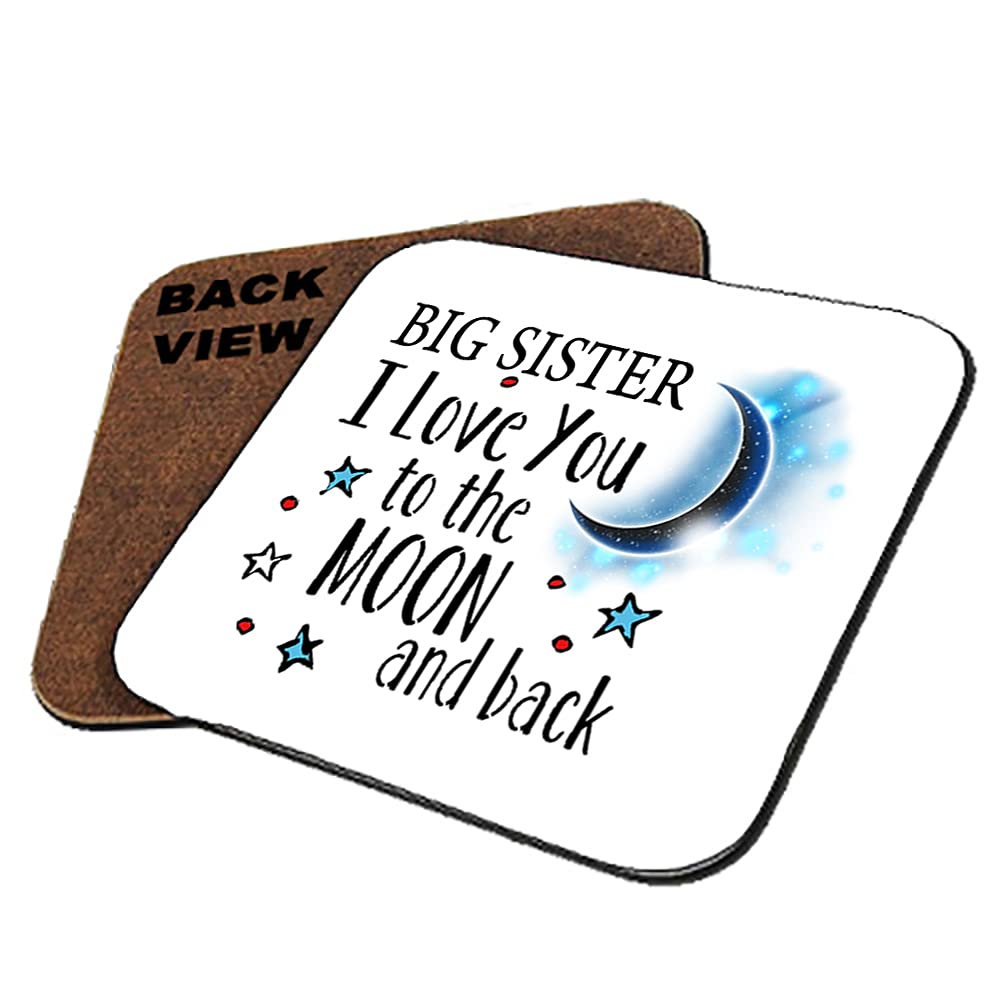 Giftme Big Sister Mothers Day Themed I Love You To The Moon & Back Secret Santa Birthday Coaster, Tableware, Drinks Coffee-Tea Coaster Square Hardboard Coaster. (Big Sister)