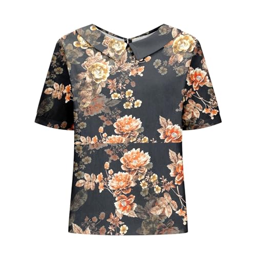 Camisetas femininas com gola de linho e manga curta retrô floral 2024 verão casual boho férias blusa