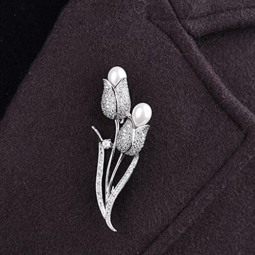 Broche en forme de fleur de tulipe argentée avec perle et strass de fête