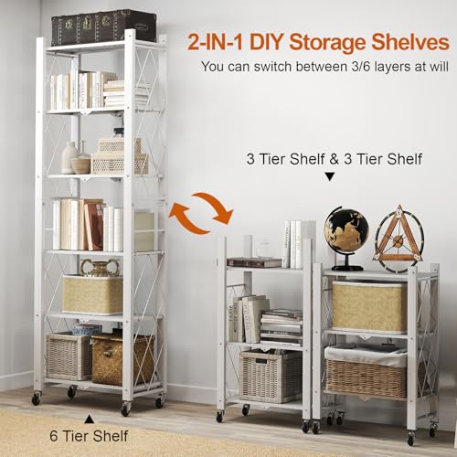 Image of 6-Tier Foldable Storage Shelves with Wheels, Folding Metal Shelf Unit