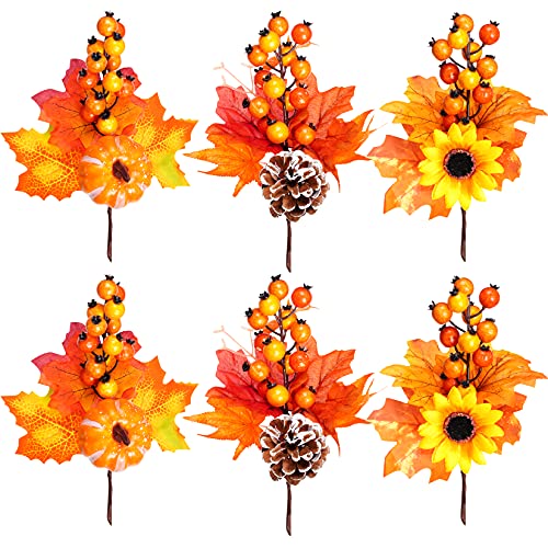 6 Pack Artificial Maple Leaves Branches Autumn Pumpkin Berry Twig Stem Orange Fall Stems Fake...