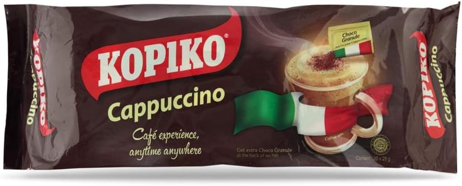 Kopiko 3-in-1 Instant Brown Coffee Mix with Cream and Sugar, 30 Count Per Bag (Instant Cappuccino Coffee with 30'S Chocolate Granules)