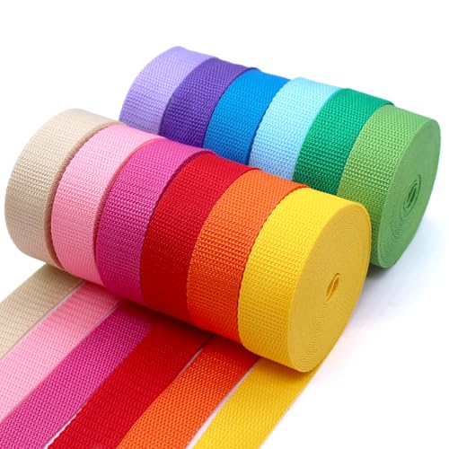 WYYFXY® 12 piezas de correas coloridas de 25 mm, 4,5 m, correas de polipropileno, cinta al bies de algodón para mochilas, manualidades DIY, correas de equipaje, collares para mascotas, asas de bolsas