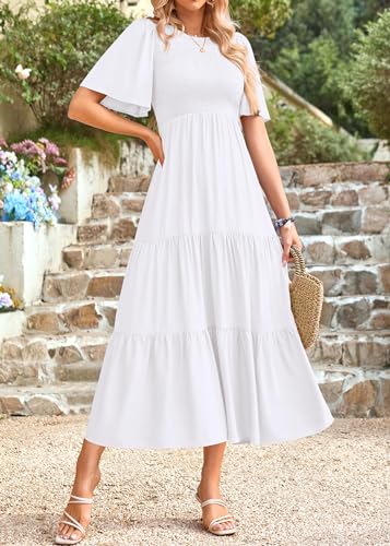 Image of KIRUNDO Summer Dresses for Women 2026 Spring Casual Flutter Short Sleeve Wedding Guest Smocked Flowy Tiered Aline Midi Dress
