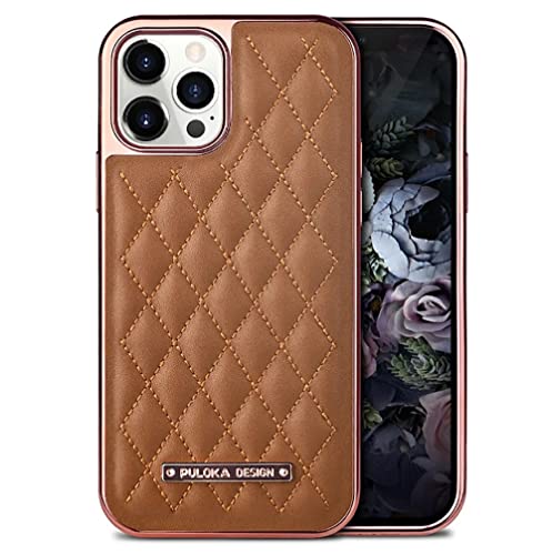 Image of PULOKA iPhone 12 /12 Pro Electroplated Leather Case Royal Diamond Design Back Cover for Apple iPhone 12 /12 Pro 6.1 inchinch - Brown