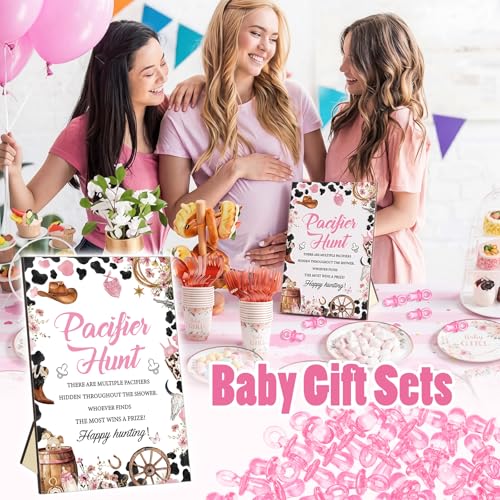 Image of Thyle 51 Pcs A Little Cowgirl Is on the Way Baby Shower Games Pink Cowgirl Pacifier Hunt Include Hunt Sign and 50 Acrylic Pacifiers for Baby Shower Game Decoration Gift Sets Gender Reveal Party Decor