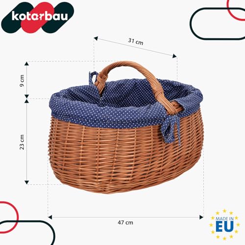 KOTARBAU® Weidenkorb mit Henkel - 47 x 31 x 32 cm - Korb mit Henkel - Einkaufskorb - mit Stoffeinlage in Blau - Pilzkorb - Erntekorb - Natürlich - Lebensmittelecht - Weide - Braun