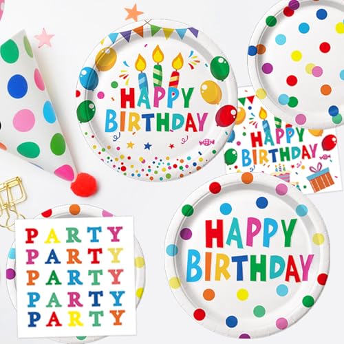 Happy Birthday Decorations - Colorful Dots Birthday Party Supplies Includes Plates, Napkins, Cups, Cutlery, Banner, Hanging Swirl, Tablecloth, Balloons for Kids Boys Girls, Serves 24 - Image 7