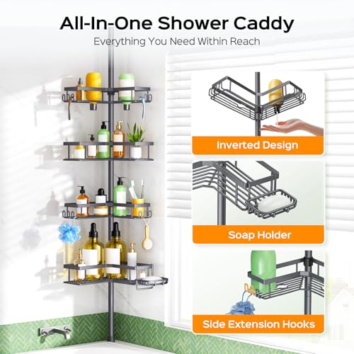 Image of HAMITOR Corner Shower Caddy, 4-Tier Shampoo Shelf Tension Pole, 47-123 inch | Rustproof Bathroom Storage with Soap Holder, No-Drill, Adjustable, Space-Saving Bathtub Organizer For Family, Renters Gray
