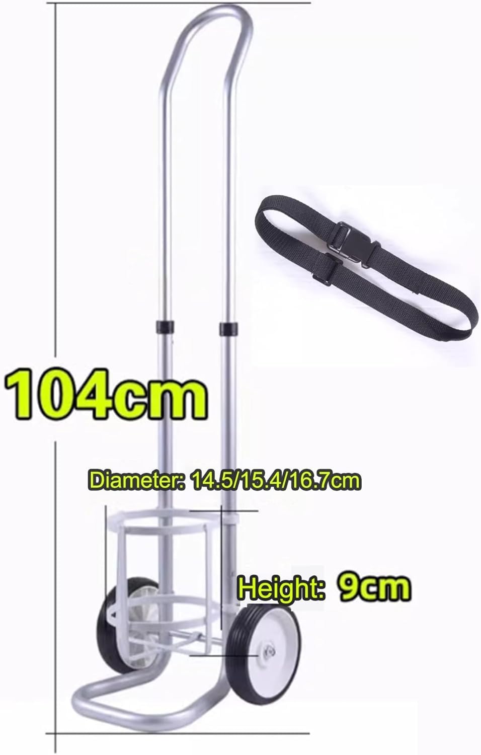 Generico Supporto per bombola di Ossigeno con Ruote - Carrello portabombole in Lega di Alluminio, Supporto per bombole con 2 Ruote piroettanti (Diametro 14,5 cm/5,71 Pollici) per Un deposito Sicuro d