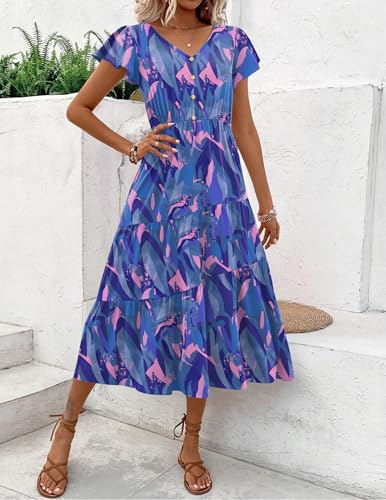 Image of Zeagoo Women's Summer Casual Dress Flutter Short Sleeve V Neck Button Down Tiered Flowy Long Dress with Pockets
