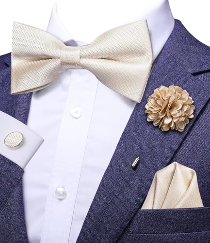 Image of Hi-Tie Bow Ties for Men Pre-Tied Pocket Square with Cufflinks Mens Bowtie Sets for Wedding Formal Party