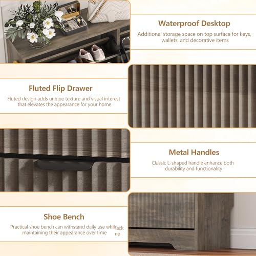 Image of HUANLEGO Shoe Cabinet Storage for Entryway with 6 Flip Drawers, Grey Fluted Shoe Cabinet with Adjustable Shelves, Wooden Hidden Shoe Rack Freestanding Narrow Slim Shoes Storage for Hallway, Entrance