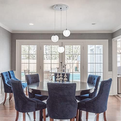 Chromed Crystal Pendant Lights 5000k Daylight White,3-Light Mini Led Modern Brushed Nickel Light Fixtures Ceiling Hanging, Glass Globes Pendant Lighting for Kitchen Island Bedroom Dining Room Foyer