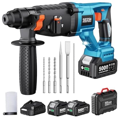 Foto di Seesii 3.2J Martello Perforatore a Batteria: 850W Potente, 2 Batterie 5000mAh, Tassellatore a Batteria con 3 Funzioni (Rotazione/Perforazione/Scalpello), Kit Completo con Valigetta SDS-Plus