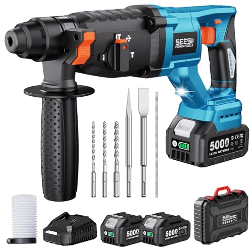 Seesii 3.2J Akku Bohrhammer SDS-Plus: 850W Stark, 2x 5000mAh Batterien, Akku Schlagbohrmaschine Kit mit 3-in-1 (Hammer/Bohren/Meißeln) Profi-Set mit Koffer