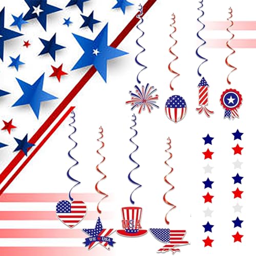 Image of Memorial Day Decorations 4th /Fourth of July Patriotic Decorations Set-Red White Blue Paper USA Flag Pennant, Star Streamer, Hanging Swirls Party Decor Supplies for Mantle Home Fireplace