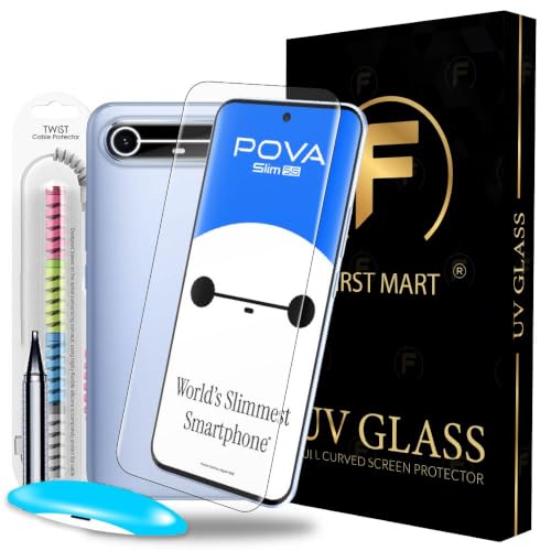 Image of FIRST MART Tempered Glass for Tecno Pova Slim 5G With UV Installation Kit | Military-Grade Gorilla Screen Protector and Cable Guard | Edge to Edge Coverage | Crystal Clear