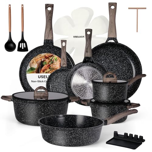 Image of USELUCK 22-Piece Pots and Pans Set, Nonstick ceramic cookware set | PFAS-Free Non-Toxic Ceramic Cookware, Healthy Kitchen Cooking Set, Induction Compatible, Easy to Clean, Black