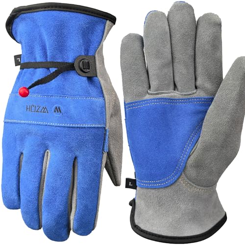 Image of WZQH Leather Work Gloves for Men or Women. X-Large Glove for Gardening, Tig /Mig Welding, Construction, Chainsaw, Farm, Ranch, etc. Cowhide, Soft Lining, Utility, Firm Grip, Durable. Blue-Grey XL