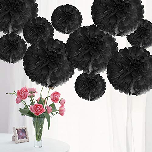 Time to Sparkle 10 Pack Mixed Tissue Paper Pompoms Pom Poms Flower Wedding Party Decoration (Black, 10pcs Large(8"+10"+12")) — image 1