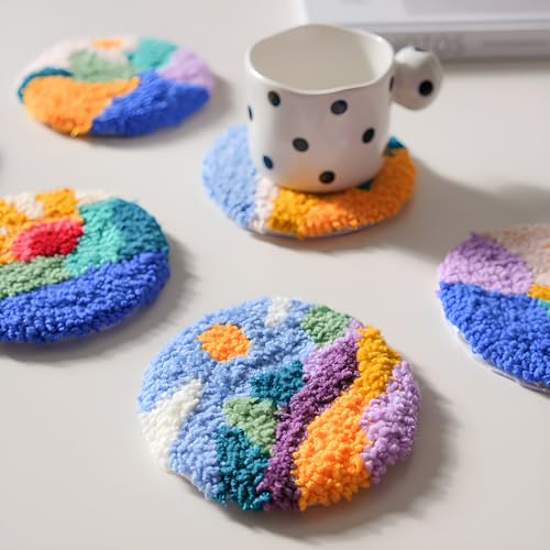 Image of Punch Needle Coasters Kit for Beginners Adults Easy Needle Punch Embroidery Kit Set Threader Instruction Fabric Hoop Yarn Tufting Coaster DIY Making,Coaster Holder Coaster Art Craft Supplies