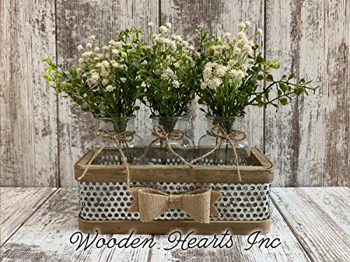 Rustic Charm Centerpiece Tray with 3 or 5 Glass Bottle Jars, Jute Accents & Optional Baby's Breath Floral Decor – Distressed Metal/Wood Box with Burlap Bow for Weddings and Farmhouse Dining - Image 2