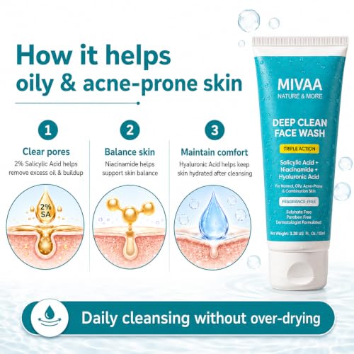 Image of Acne Face Wash, Anti Acne Gel Cleanser with 2% Salicylic Acid, Niacinamide & Hyaluronic Acid, Non Drying for Oily & Pimple Prone Skin, Fragrance Free, Sulphate Free 100ml