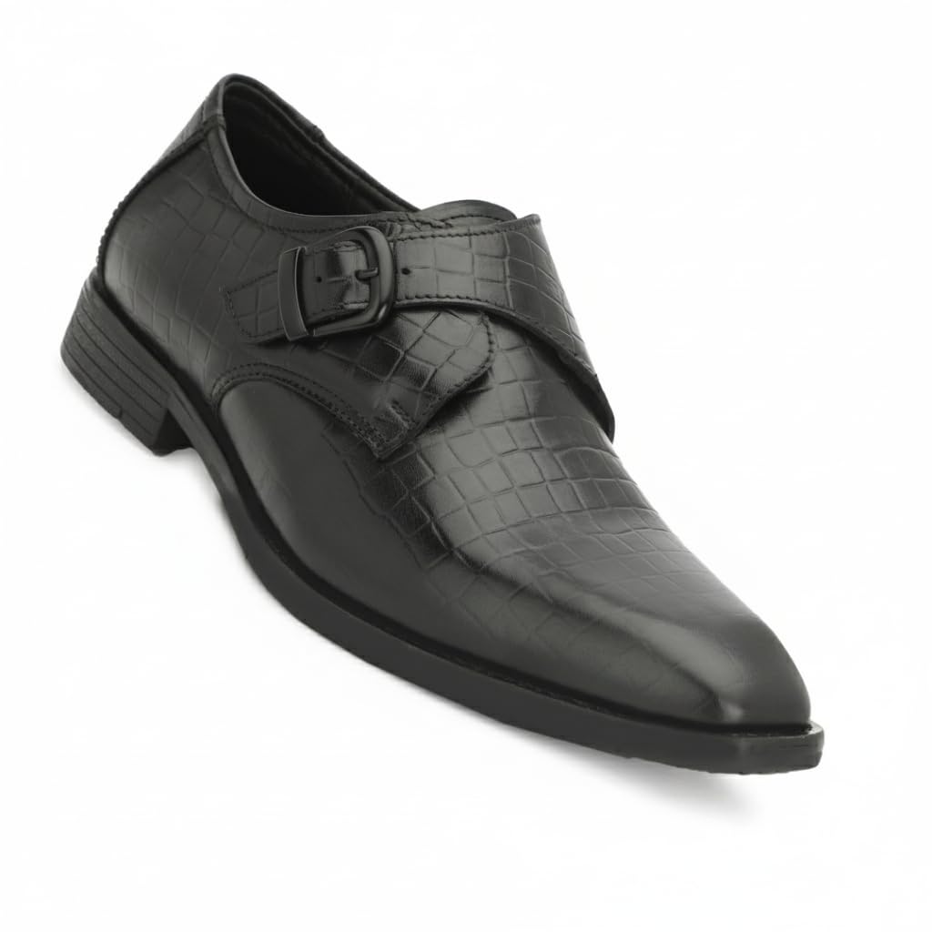 Leatherful Single Monk Strap Shoe, Genuine Leather, Black, TPR Sole, Nappa Leather Lining